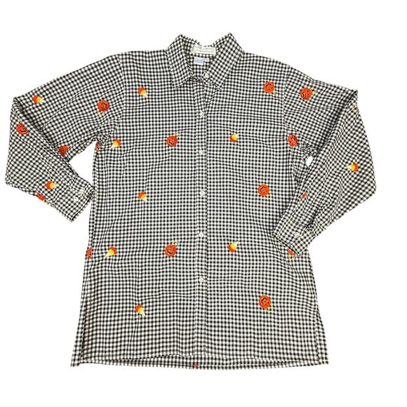 Vintage Halloween Button Down Shirt Casey Coleman Pumpkin Medium Checkered VTG - Picture 1 of 7